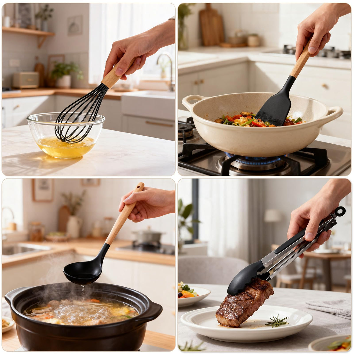 Silicone Cooking Utensil Set,12 PCS Cooking Cookware Kitchen Utensils Set for Cooking, Nonstick 446°F Heat-Resistant Cookware Kitchen Tools of Spoon,Brush,Whisk,Spatula,Turner Tongs (Black)
