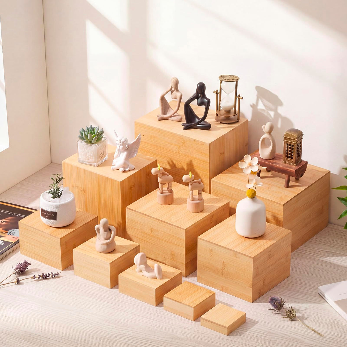 Fiwochic 10 Pcs Bamboo Buffet Risers, 9.8'' 8.8'' 7.9'' 6.9'' 5.9'' 4.9'' 4'' 3'', Large Food Risers for Buffet Table, Cake Display Stand Cube Box for Wedding Party Catering Dessert Jewelry Home Decor