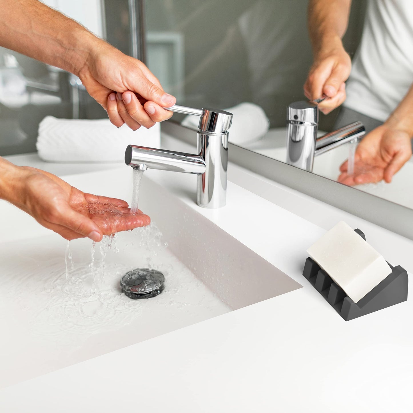 iSoapStone Silicone Soap Dish (USA Patented) Self Draining Bar Soap Holder for Shower Bathroom Sink, Drying Soap Dish Tray Kitchen Sponge Holder Easy Cleaning Soap Saver Mat (Dark Grey, 1)