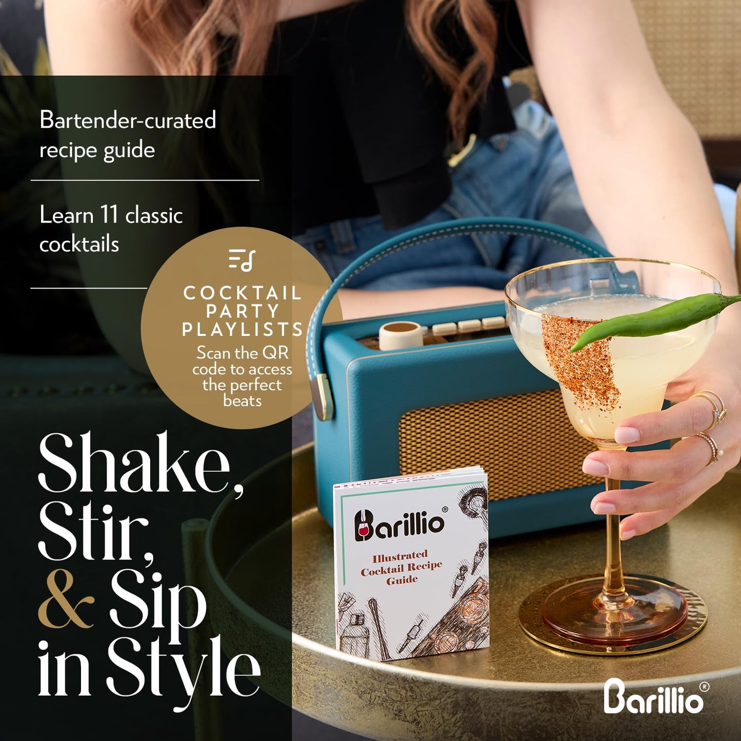 Barillio Elite Mixology Bartender Kit with Stand - Cocktail Shaker Set with Bamboo Stand, Boston Drink Shaker, Mojito Muddler, and Drink Mixer Spoon - 9-Piece Bar Tools Set - Bar Accessories for Home