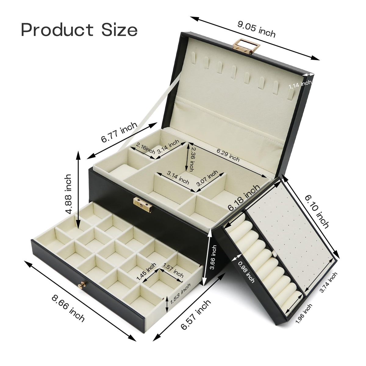 Jewelry Organizer, Travel Jewelry Box Organizers for Women Girls, Jewellery Display Holder 3 Layers Large PU Leather Jewellery Storage Case for Earring, Rings, Necklaces, Bracelets, Watch, Gift(Black)