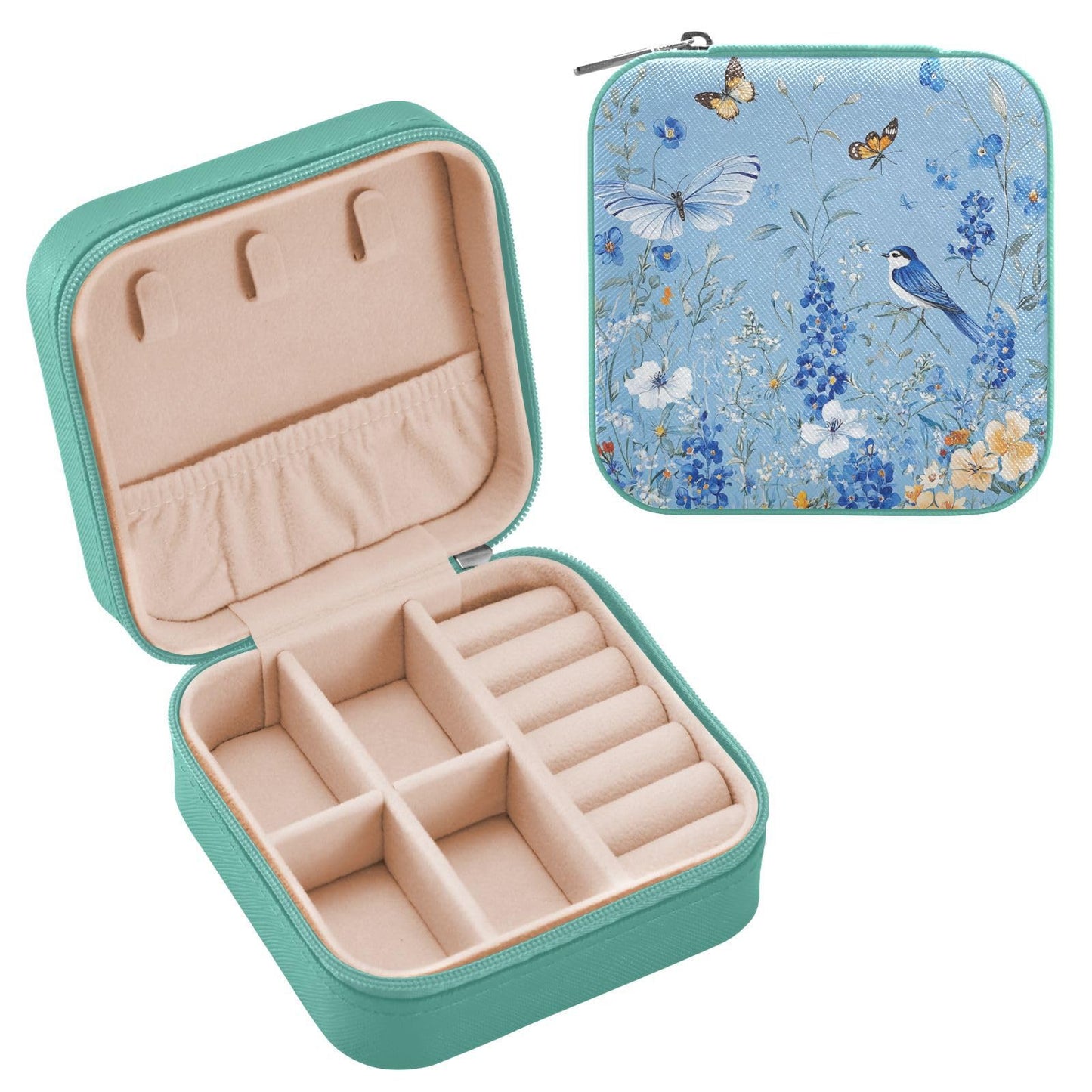 Tatenale Light Blue Floral Bluebonnet Butterflies Travel Jewelry Case Box Small Mini Jewelry Organizer Display Storage for Ring Earrings Necklace Girls Women Men Daisy Green Aqua