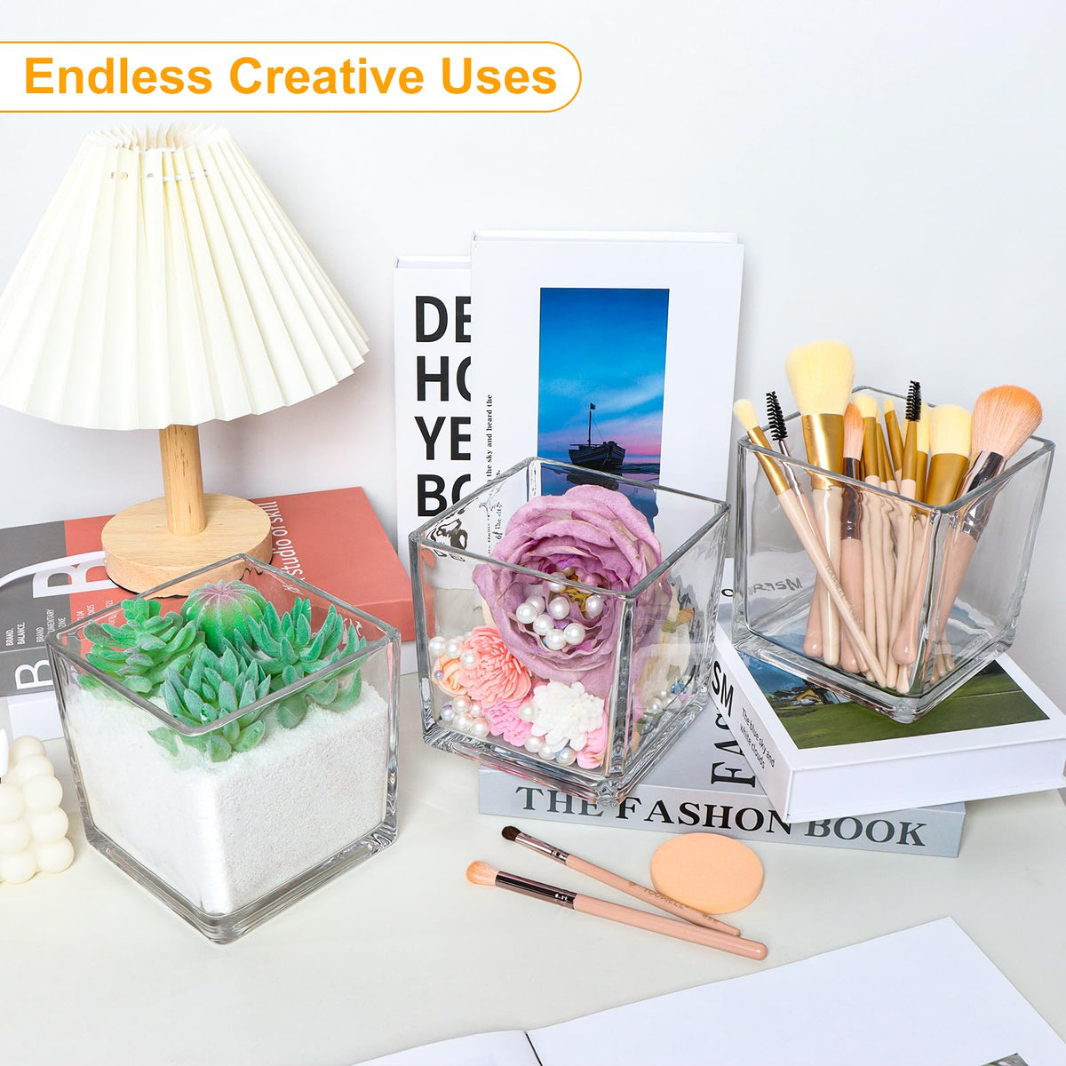 UrSpeedtekLive Set of 4 Square Glass Vases 5" x5" x 5", Clear Cube Flower Vases for Wedding Centerpieces, Candle Holders for Home Decor Party Events Ceremony