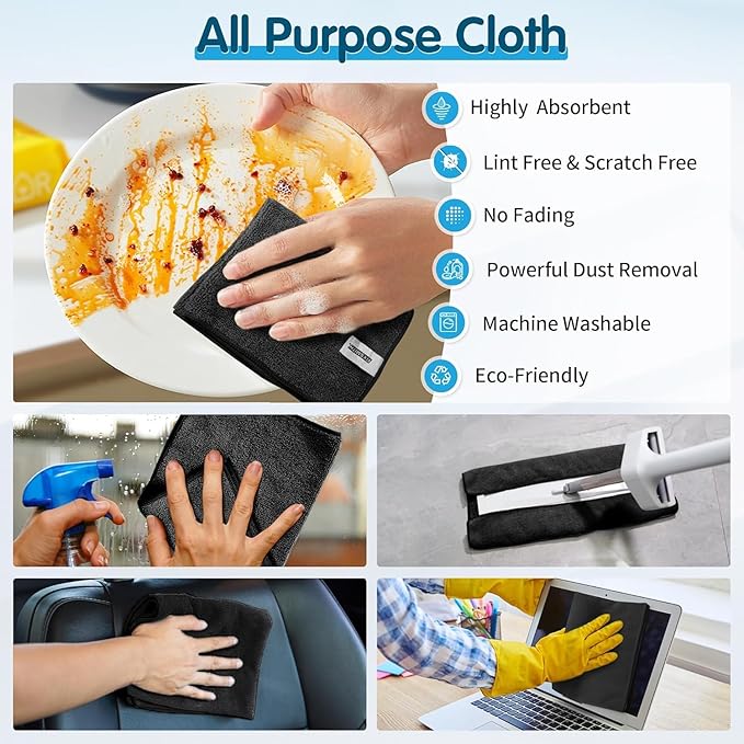 FIXSMITH Black Microfiber Cleaning Cloth -Pack of 50, Highly Absorbent Cleaning