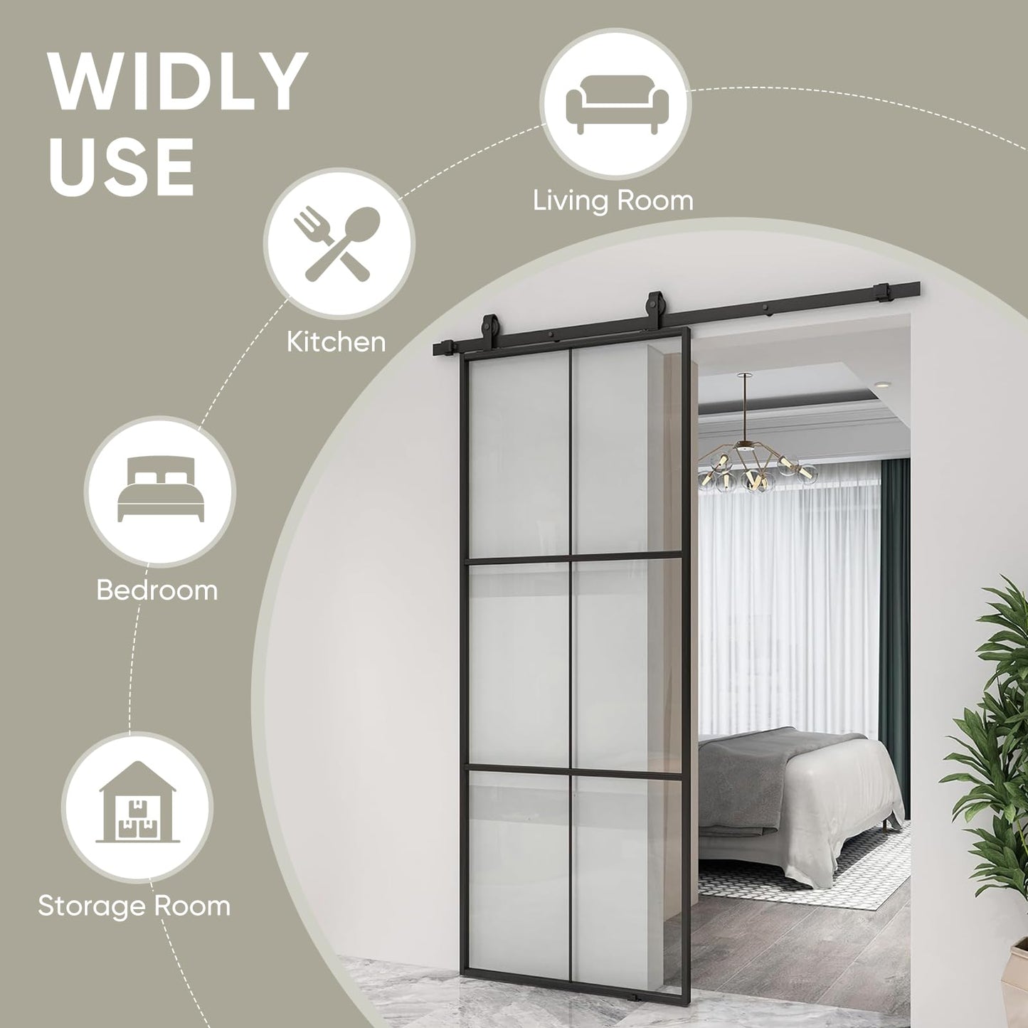 JUBEST 34in x 84in Glass Sliding Barn Door with 6ft Hardware kit, 3-Panel Black Aluminum Frame and Clear Tempered Glass Modern French Door, Easy to Install