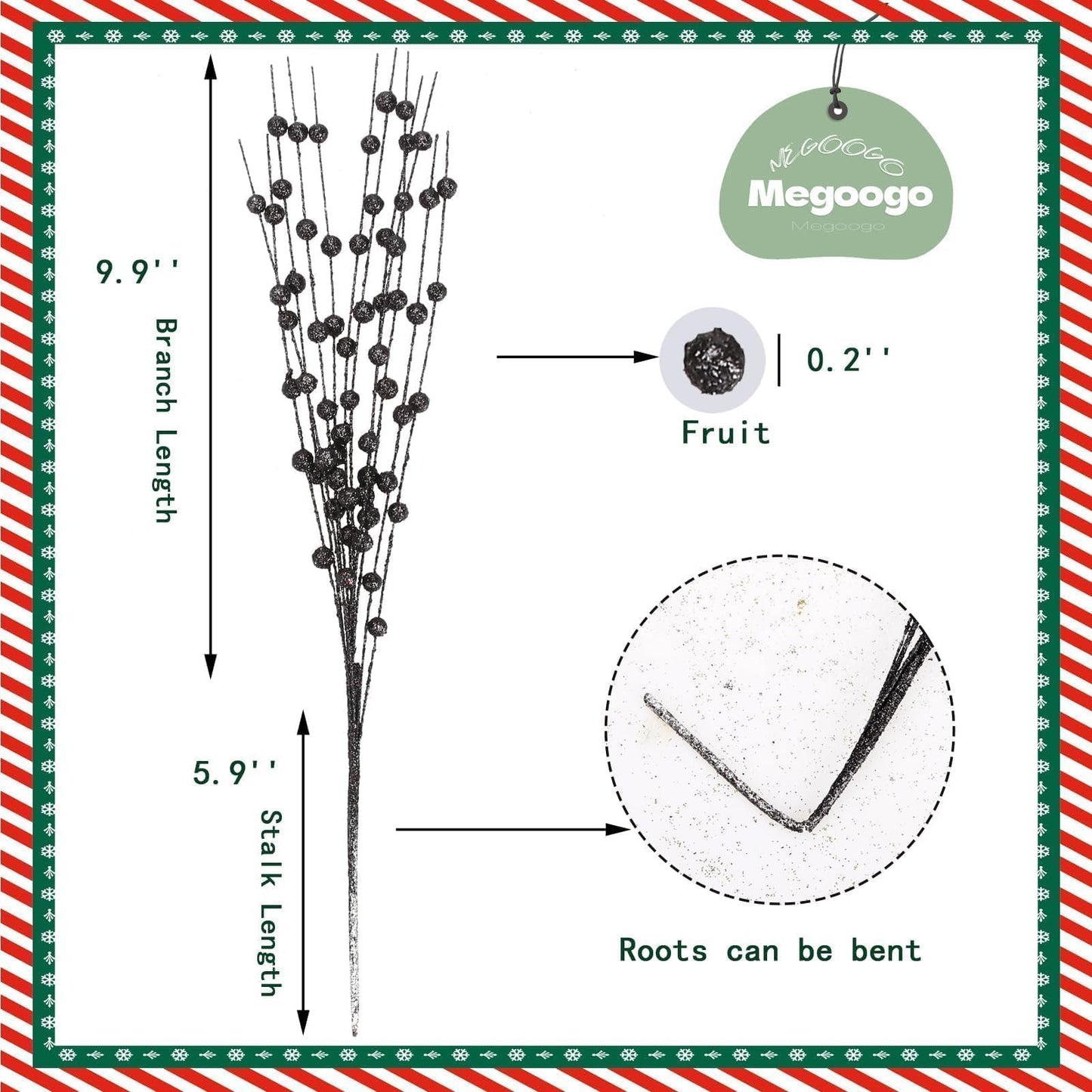 Megoogo 12 PCS Artificial Glitter Berry, Black Glitter Picks Artificial Berries Stems for Christmas Ornaments Fake Stem Decorative Sticks for Vases Tall DIY Wreath Halloween Decor