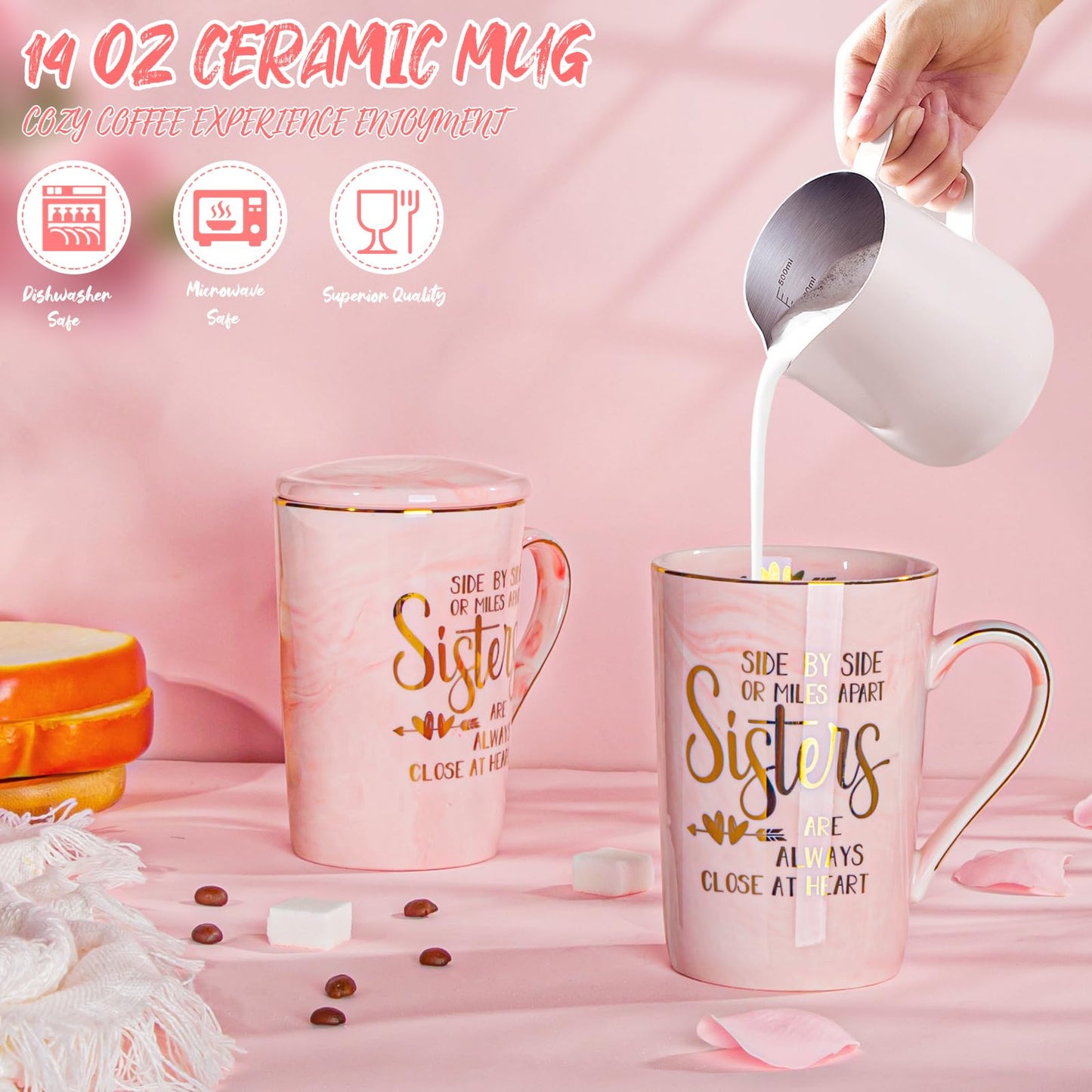 Sister Birthday Gifts from Sister Brother, 7pcs Relaxing Bath Christmas Set Basket with Funny Gold Print Mug, Scented Candle, Self Care Set, Idea for Sisters in Law, Soul Sisters, Nice Gift Boxed