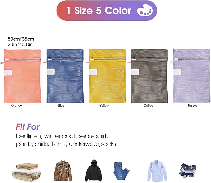 5-Pack Mesh Laundry Bags with ID Label, Sturdy Laundry Bags