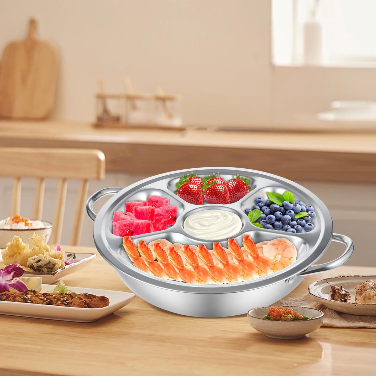 2 Set Shrimp Cocktail Serving Dish 11 Inch Stainless Steel Dip Chiller Serving Bowl, 2 5-Section Chilled Food Trays 2 Round Plate with Handle for Dinner Buffet Seafood Oysters Crawfish Veggie Fruit