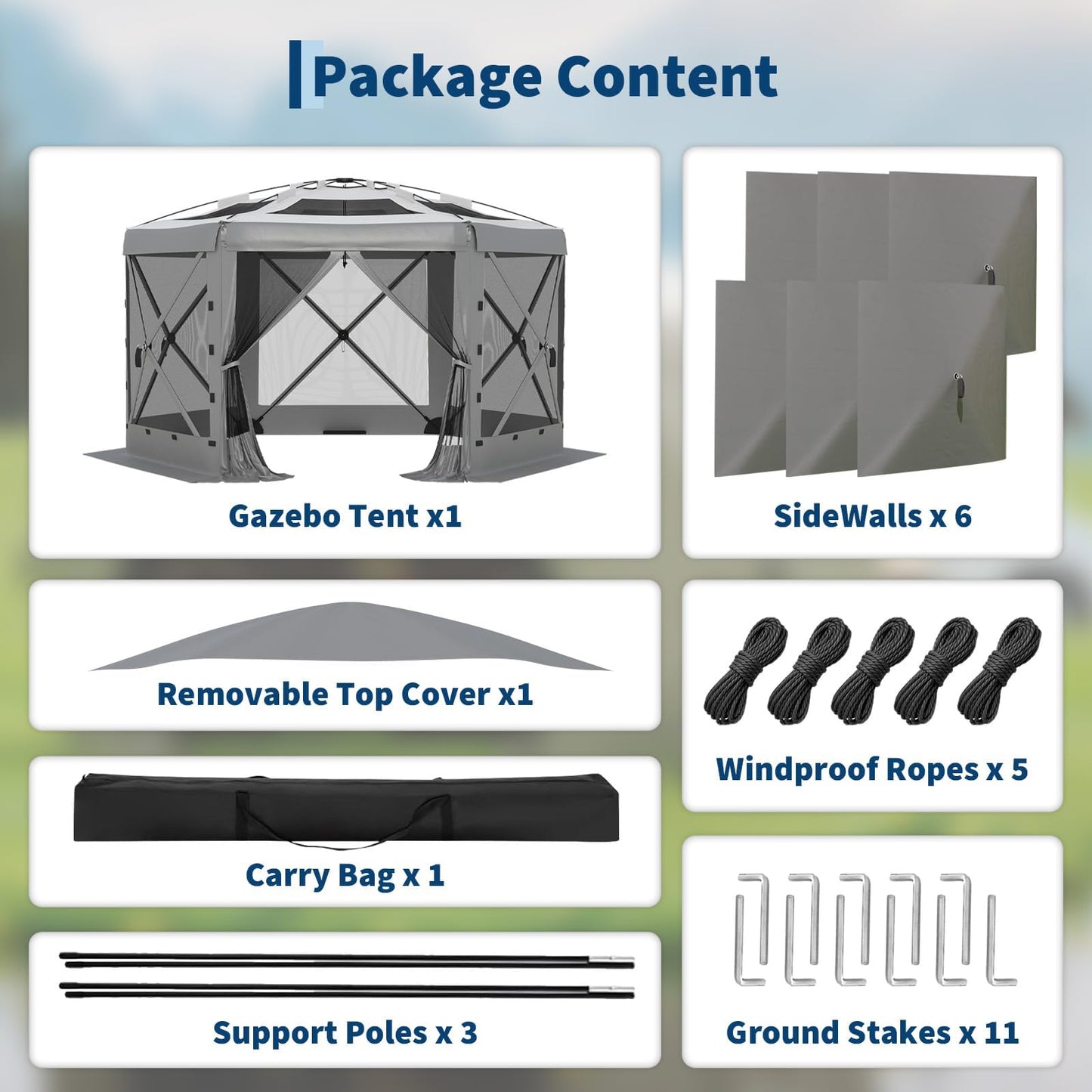 GarveeLife 11.5x11.5FT 6-Sided Pop Up Gazebo Tent,One-Push Setup Canopy Tent with Mesh Panels & Removable Wind Cloths, Outdoor shelter for Camping, Backyard Parties, Outdoor Events - Grey