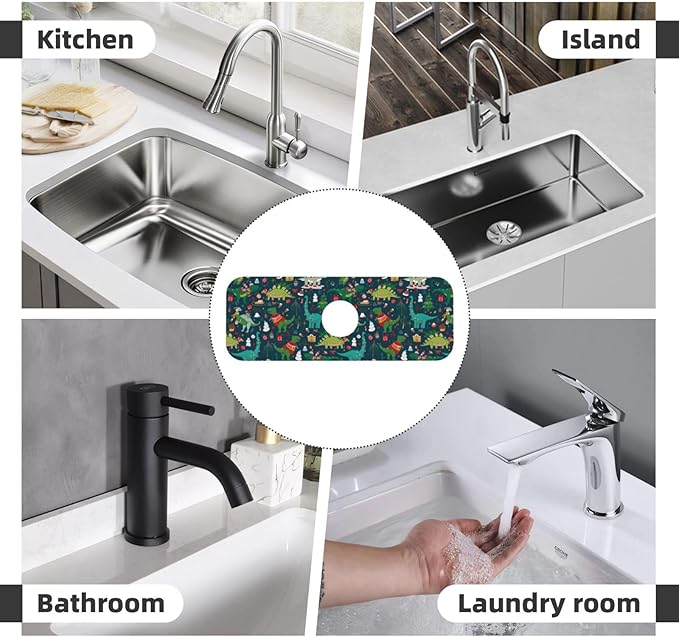 Christmas Dinosaur Tree Xmas Green Kitchen Sink Splash Guard Faucet Mat 1 Pcs