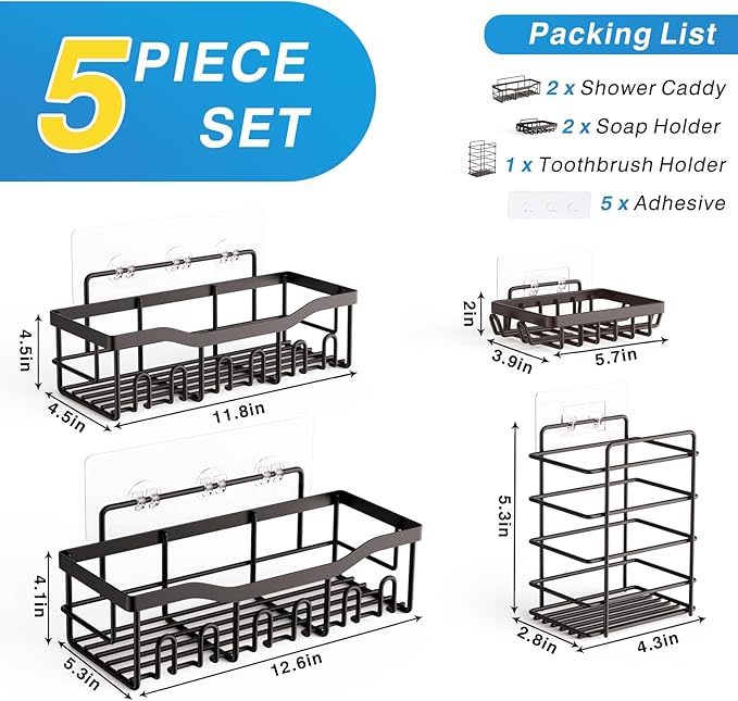 EUDELE 5-Pack Rustproof Stainless Steel Shower Caddy – No Drill Adhesive
