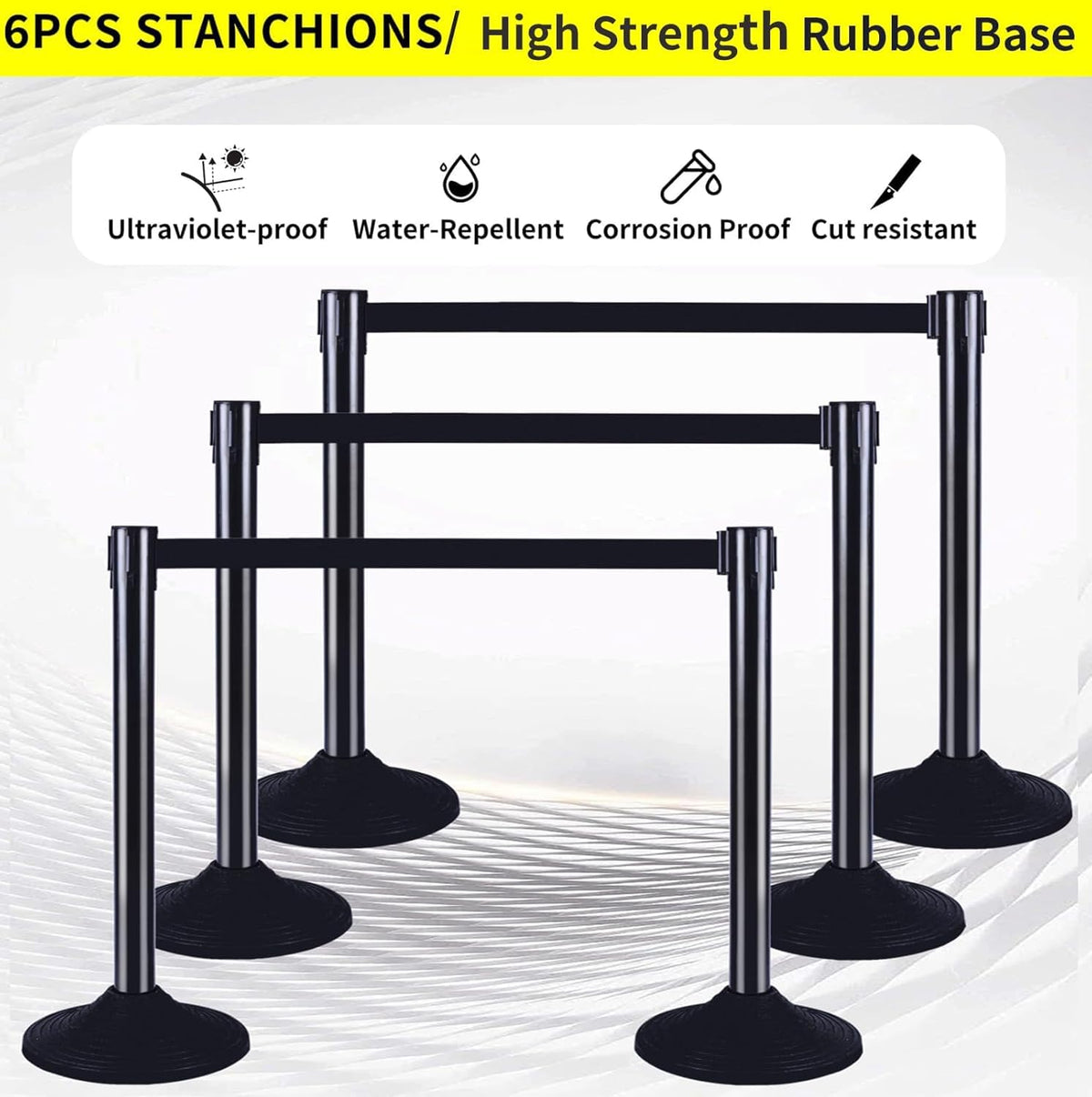 6PACK BESEA Crowd Control Stanchions Set Heavy Duty Crowd Control Barriers with 10' FEET Black Retractable Belt, Rubber Base(6PACK)