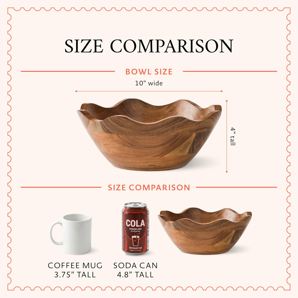 Mela Artisans 10 in Wide x 4 in Tall Scalloped Acacia Wood Salad Bowl – Decorative Serving and Fruit Bowl with Natural Finish for Kitchen Counter, Bread & Home Decor