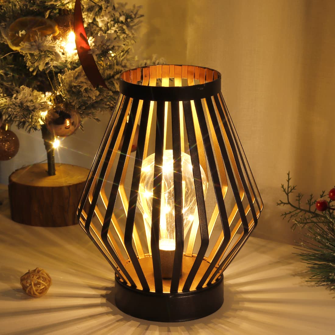 JHY DESIGN 8.5“H Metal Cage LED Lantern Battery Powered Cordless Accent Light with LED Edison Style Bulb Great for Weddings Parties Patio Events Gifts for Indoors Outdoors