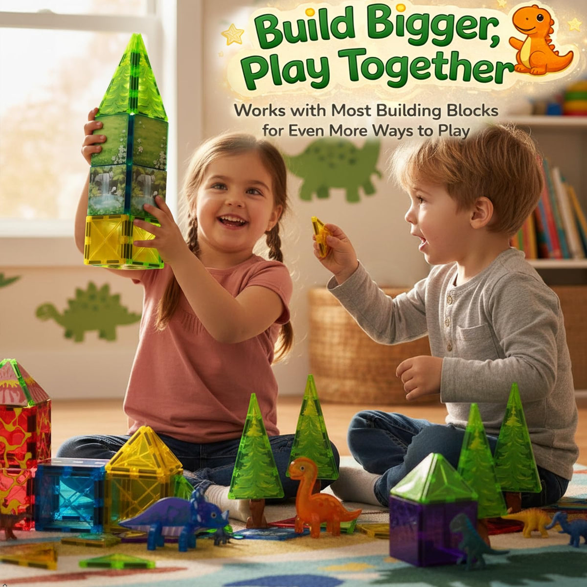 LATI Magnetic Tiles Dinosaur Building Set, Dino World Magnet Blocks with Double-Sided Egg Hatch Story, STEM Construction Toy for Kids Ages 3+, Educational Gift for Boys & Girls