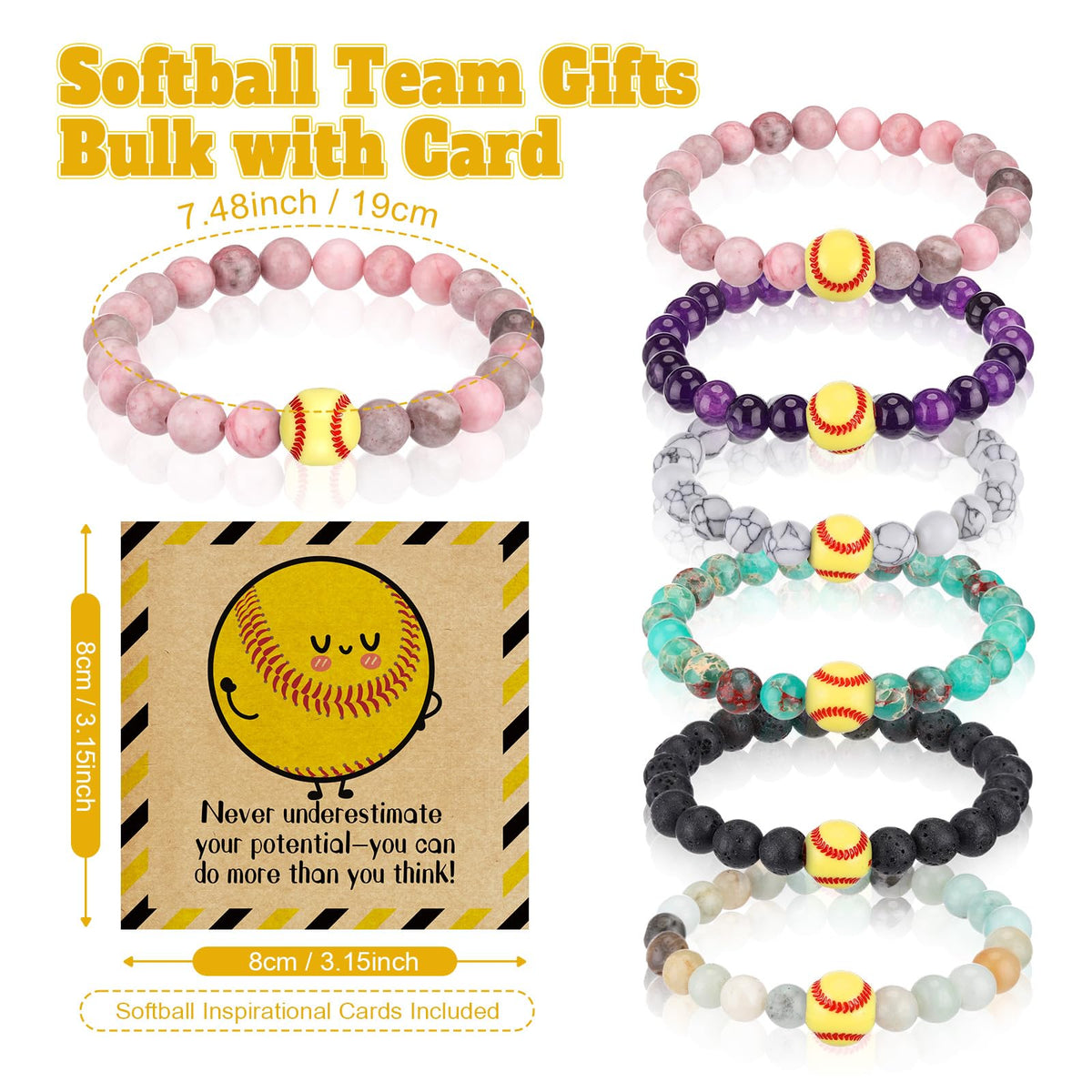 Tondiamo 6 Set Basketball Softball Inspirational Team Gifts Bulk Lava Stone Bracelet Motivational Card Bracelet Senior Night Sport Party Favors for Player Sport Lover (Softball)