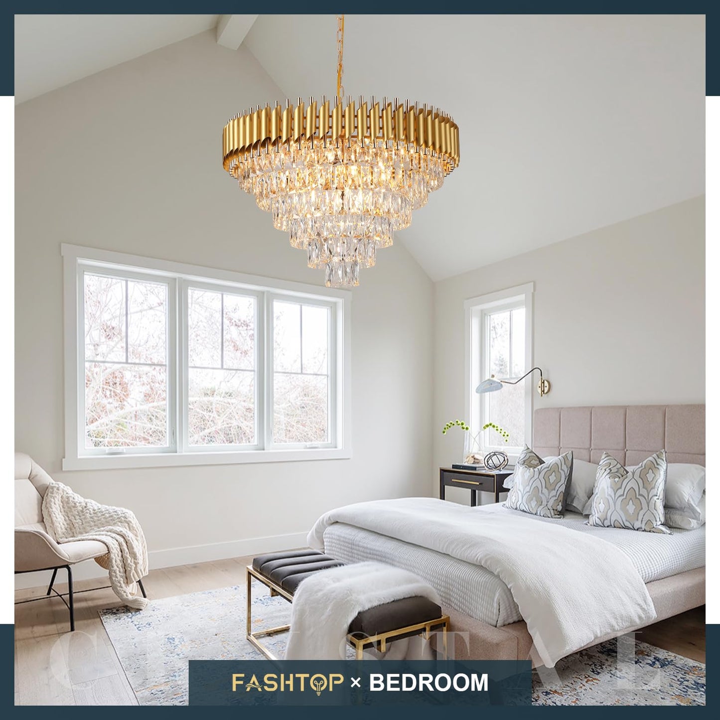 Fashtop K9 6-Tiers Modern Gold Crystal Chandelier 30'' Contemporary Crystal Pendant Chandeliers Light Fixture 16 Lights for Living Room Dining Room Bedroom Entryway Foyer High Ceiling,E12 Base 