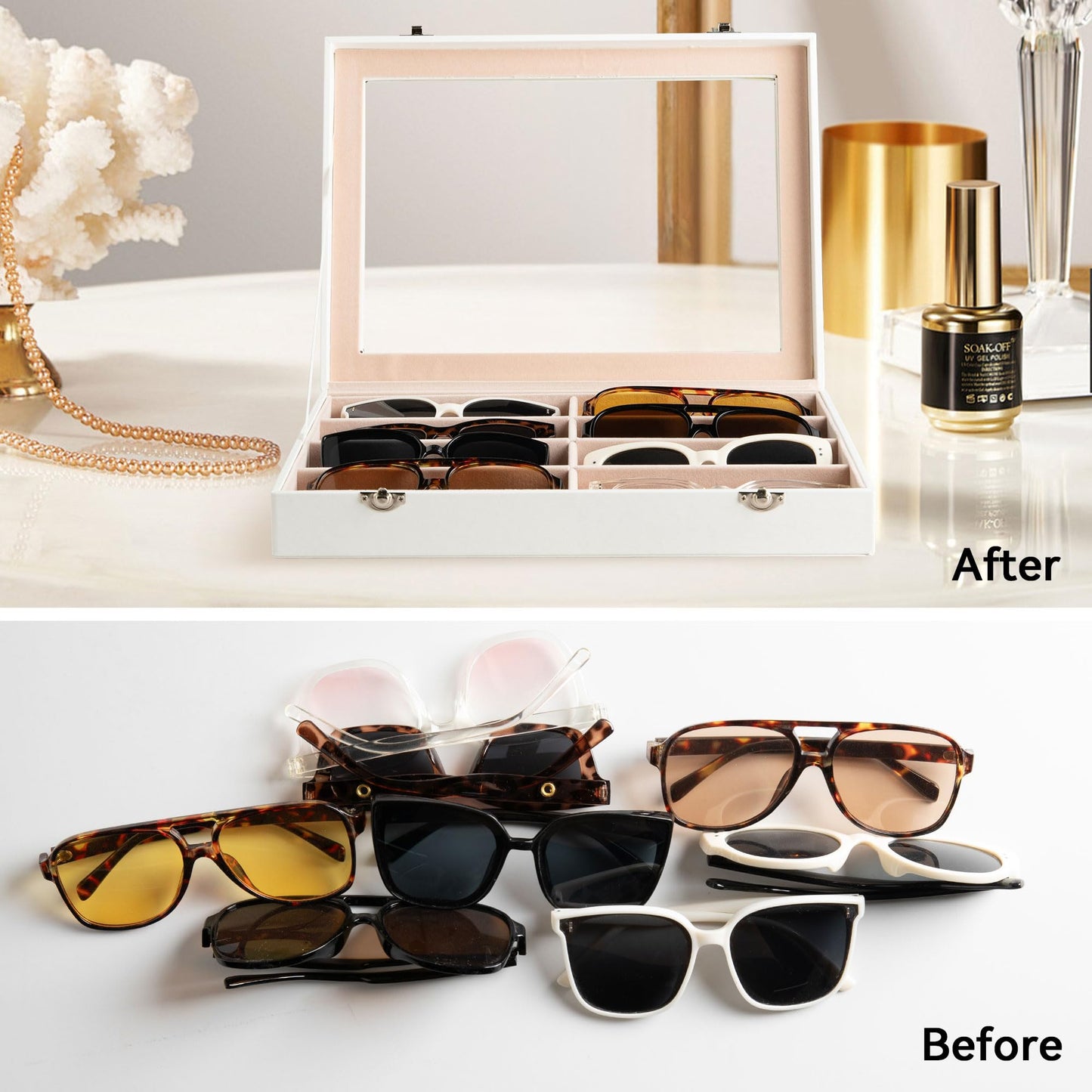 Frebeauty Sunglass Organizer,PU Leather Glasses Organizer,8-Slot Sunglasses Tray with Clear Lid,Men's/Women's Sunglasses Box,Sunglass Case,13.3x9.65x2.48 Inches,Eyeglass/Eyewear Display Tray(White)