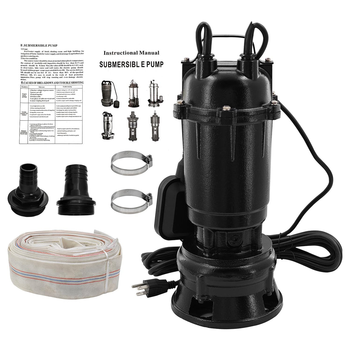 Dewinston 2HP Submersible Sump Pump 220V Cast Iron Sewage/Effluent Pump with Float Switch and 66ft Hose, 2'' NPT Discharge, 6498GPH, 1500w