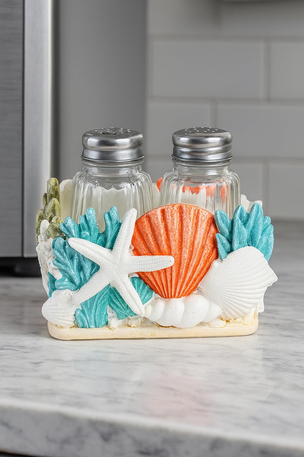 The Bridge Collection Decorative Coral Salt And Pepper Shaker Holder With Shakers Included - Coastal Kitchen Table Accent For Ocean Or Beach Theme - Seaside Kitchen Decor For Beach House