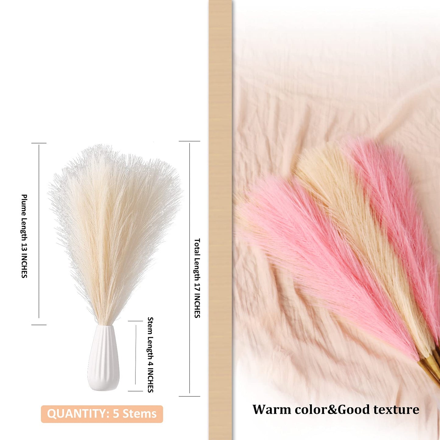 EVODIS Faux Pampas Grass, 18"/45cm Artificial Pampas Grass Fluffy 6 Stem pompous Grass Flower Arrangement for Boho Home Wedding Decoration(Grey)