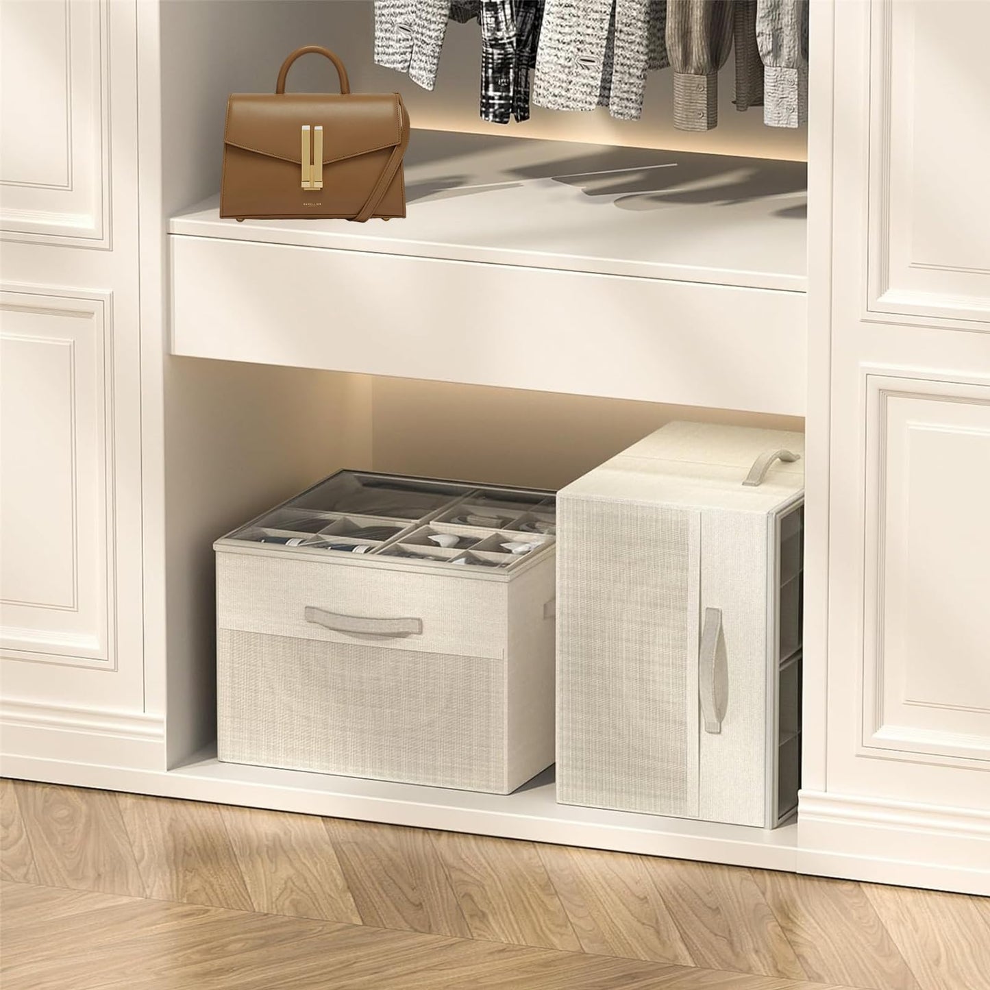 Leosoria Mothers Day Gifts For Mom, Shoe Organizer for Closet, Foldable Shoe Storage Organizer Box Bin with Adjustable Dividers and Clear Cover, Fits up to 16 Pairs (Beige)