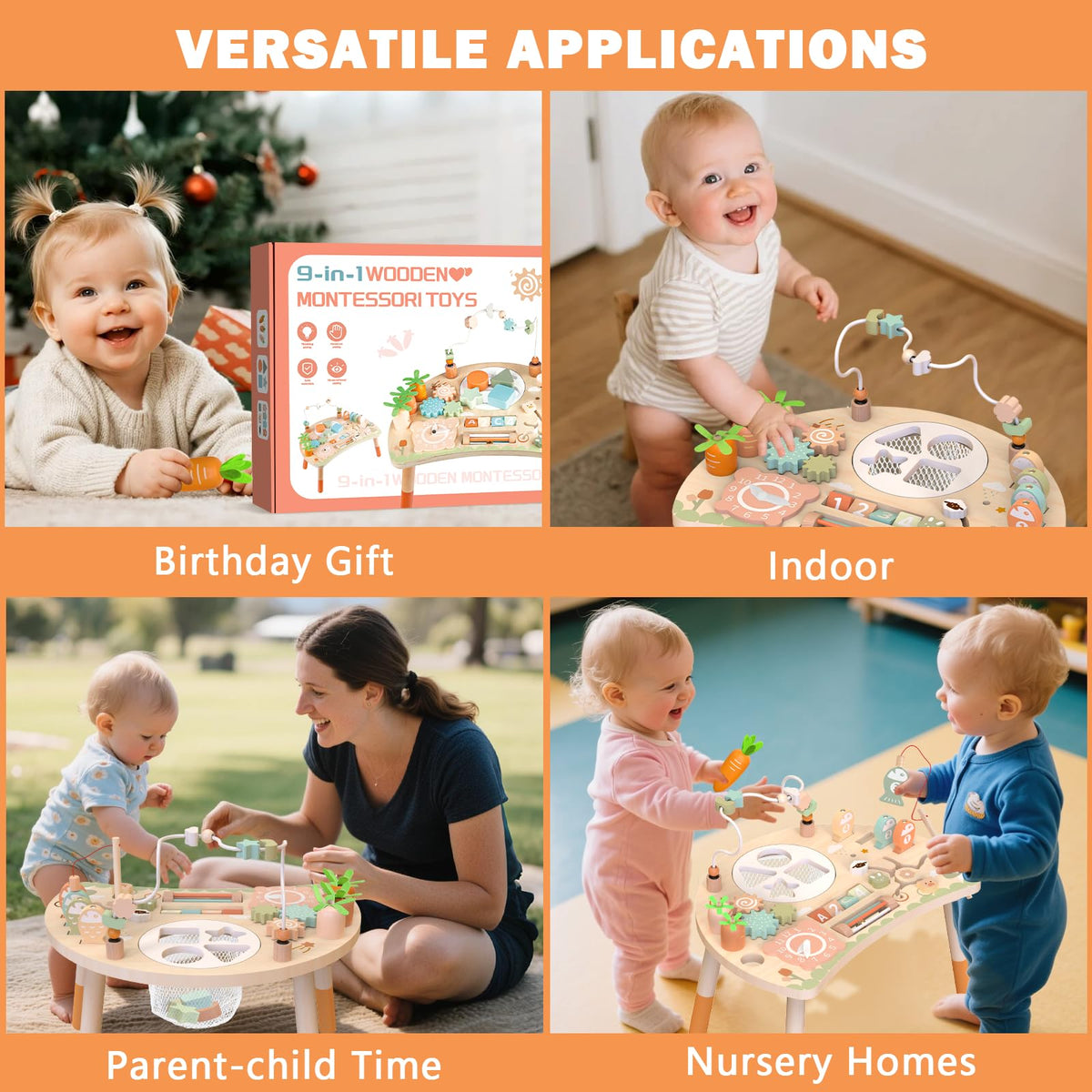 Weilim Activity Table for 1 Year Old, 9-in-1 Wooden Montessori Toddler Toy