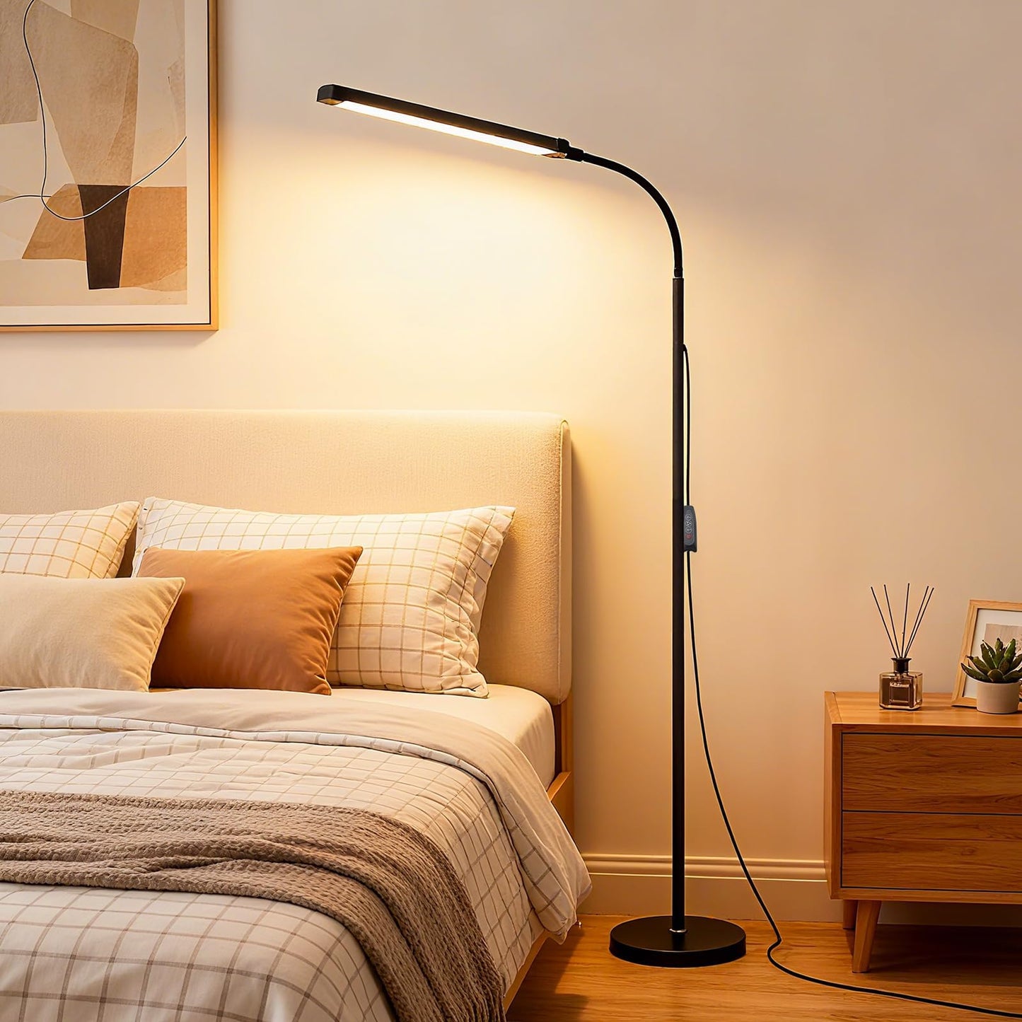 Bright 12W LED Flicker-Free Eye Protection Dimming Floor Lamp,3000-6000k,Gooseneck adjustable Standing Reading Lamp for Living Room Bedroom Bedside Office Classroom Task Craft, Black Modern Light