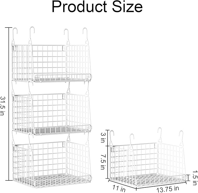 3-Pack Laundry Room Organization and Storage, Hanging Wire Basket