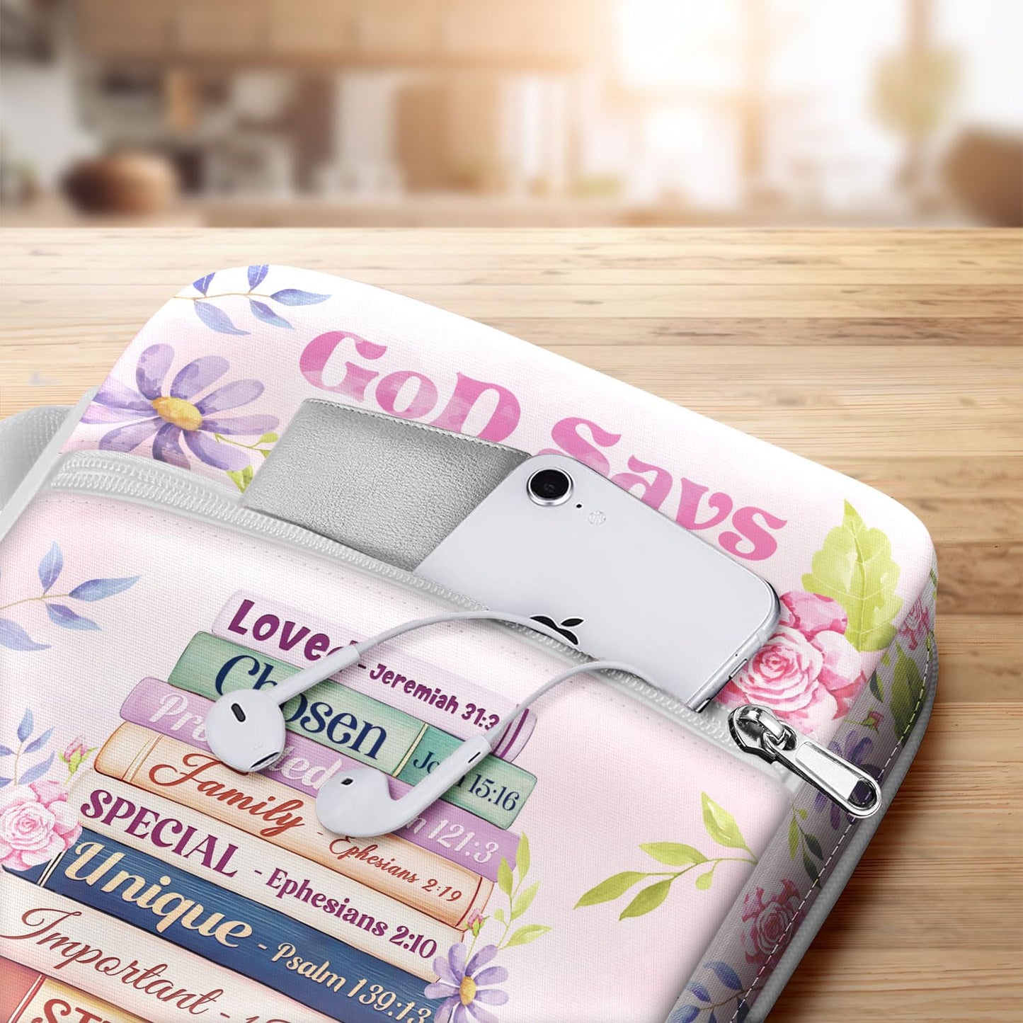 MYSMOR God Says I Am Bible Cover for Women, Floral Scripture Bible Case with Handle and Zipper Pocket, Christian Bible Bag for Girls and Ladies, Inspirational Gift for Church and Study Use