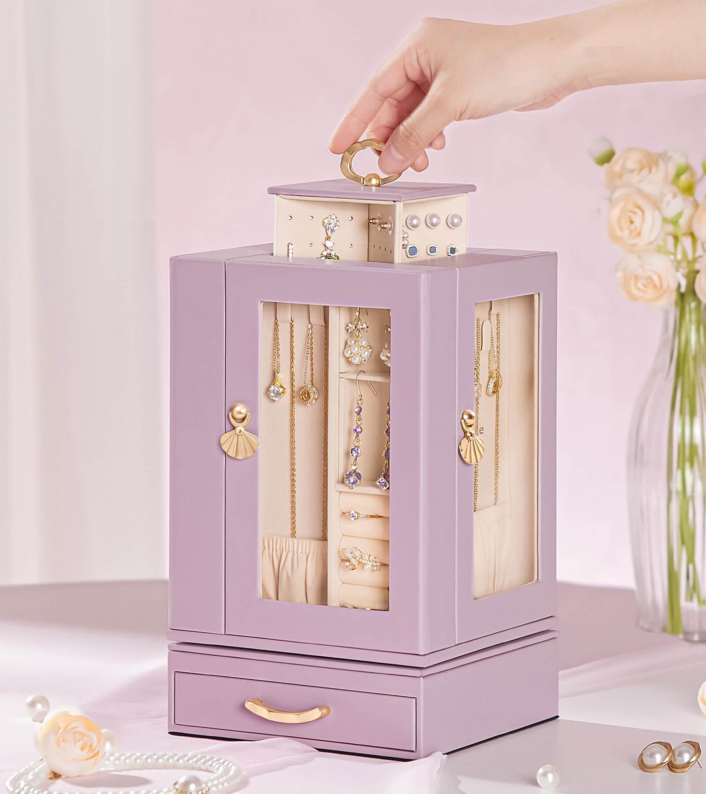 Enthralite Jewelry Box Large for Dresser: Women Necklace Ring Storage Organizer with Compartments - Elegant Earring Holder Display - 360° Rotating Jewelry Organizer with Glass Door