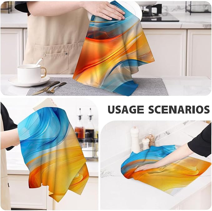 Orange Blue Kitchen Dish Towels Set of 4, Soft Absorbent Marble Decorative Tea