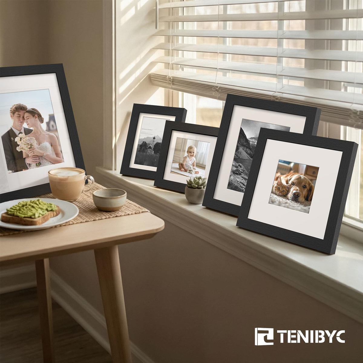 TENIBYC 5x7 Picture Frame Set - 6 Pack, Black Solid Wood Photo Frames - Tempered Glass - Displays Photos 4x6 with Mat or 5 x 7 without - Room, Office, Gallery, and Hallway Decor - Wall Hanging