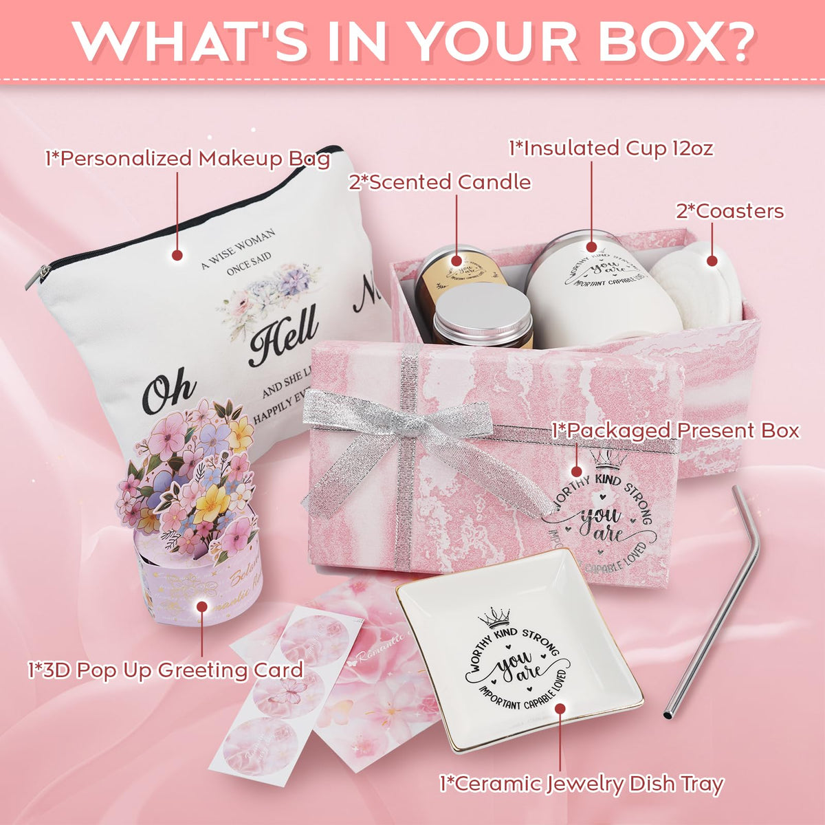 Gifts for Women, Birthday Gift Box Basket, Care Package for Women, Get Well Soon Gifts with Unique Makeup Bag and Insulated Cup, Unique Holiday Gifts Basket for Women, Her, Sister, Mom