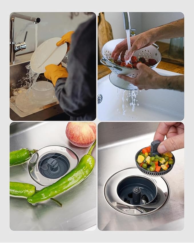 Hibbent 2 Pack 3 in 1 Kitchen Sink Drain Strainer and Stopper Combo, Chrome