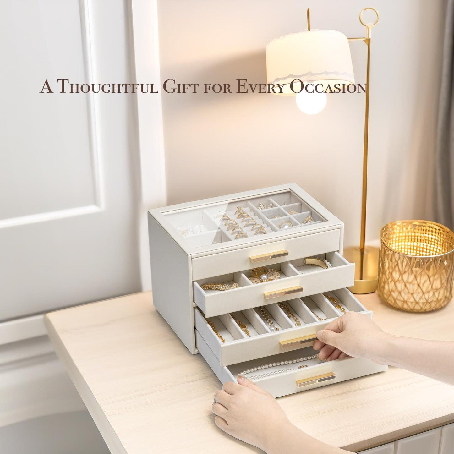 VLANDO 4-Drawer Jewelry Box with Glass Lid, Faux Leather Organizer for Rings Earrings Necklaces and More, Gift-Ready Jewelry Case for Women Girls or Moms, Beige