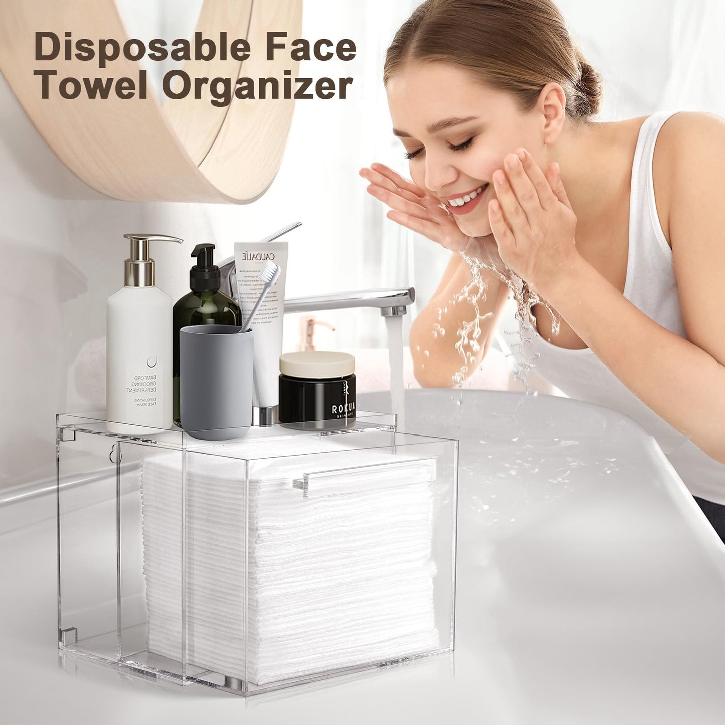 TAINESS Disposable Facial Towels Storage Box - Acrylic Container Compatible With Clean Skin Club Clean Towel XL - Wall-Mounted Makeup Organizer With Drawer Valentine's Day Gifts