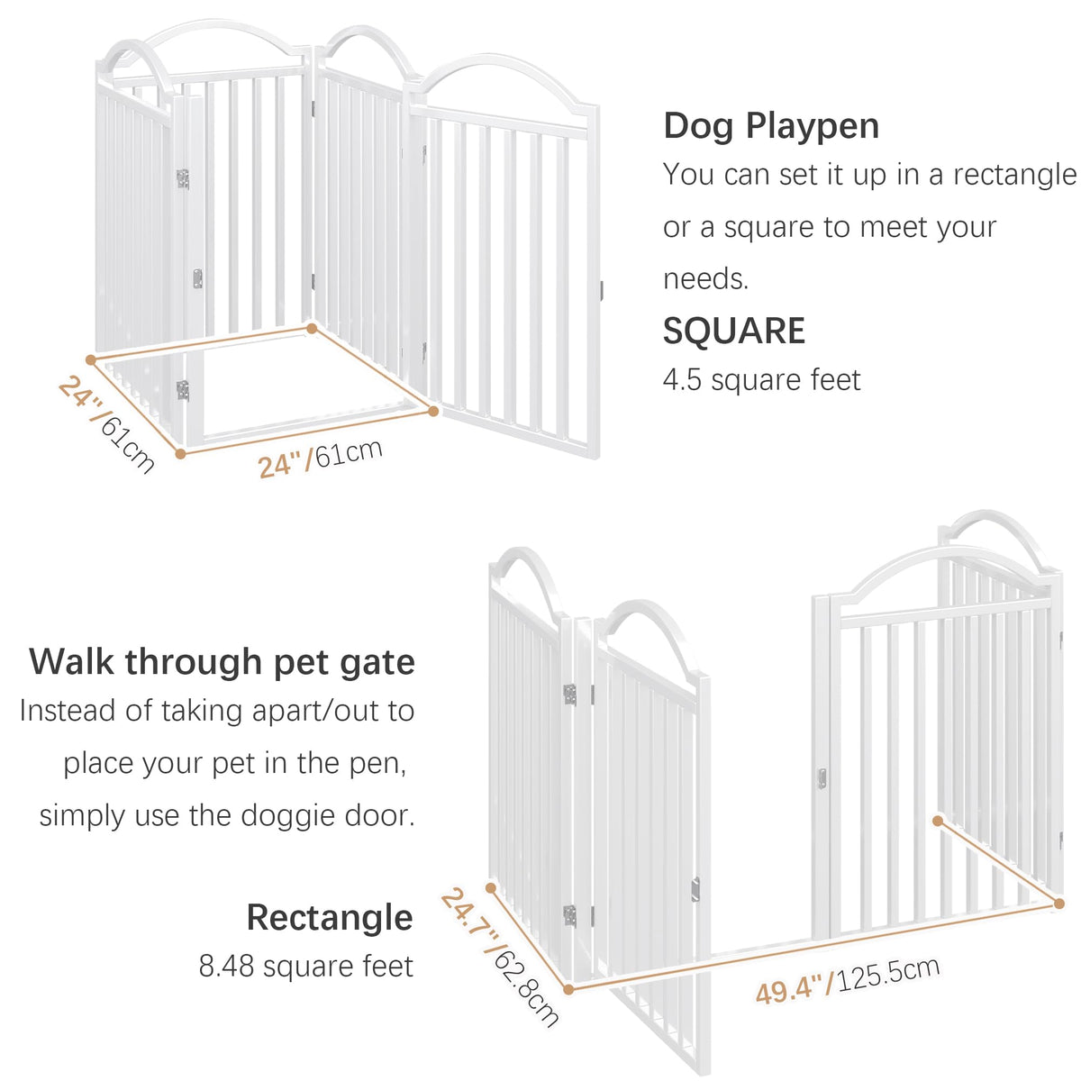 BHG Metal No-Assembly Freestanding Dog Gate with Door Walk Through, Extra Wide 96", Extra Tall 32" Pet Gate, Accordion Puppy Folding Playpen Dog Fence for Indoor & Outdoor, with 2PCS Support - White
