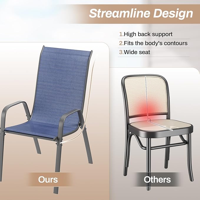 TLSUNNY Patio Chairs, Stackable Textilene Outdoor Dining Furniture for All Weather, with 17.7″ Wide Seat & Metal Frame, for Garden, Backyard, Deck, Restaurant, Poolside (6, Navy Blue, 26.4″)