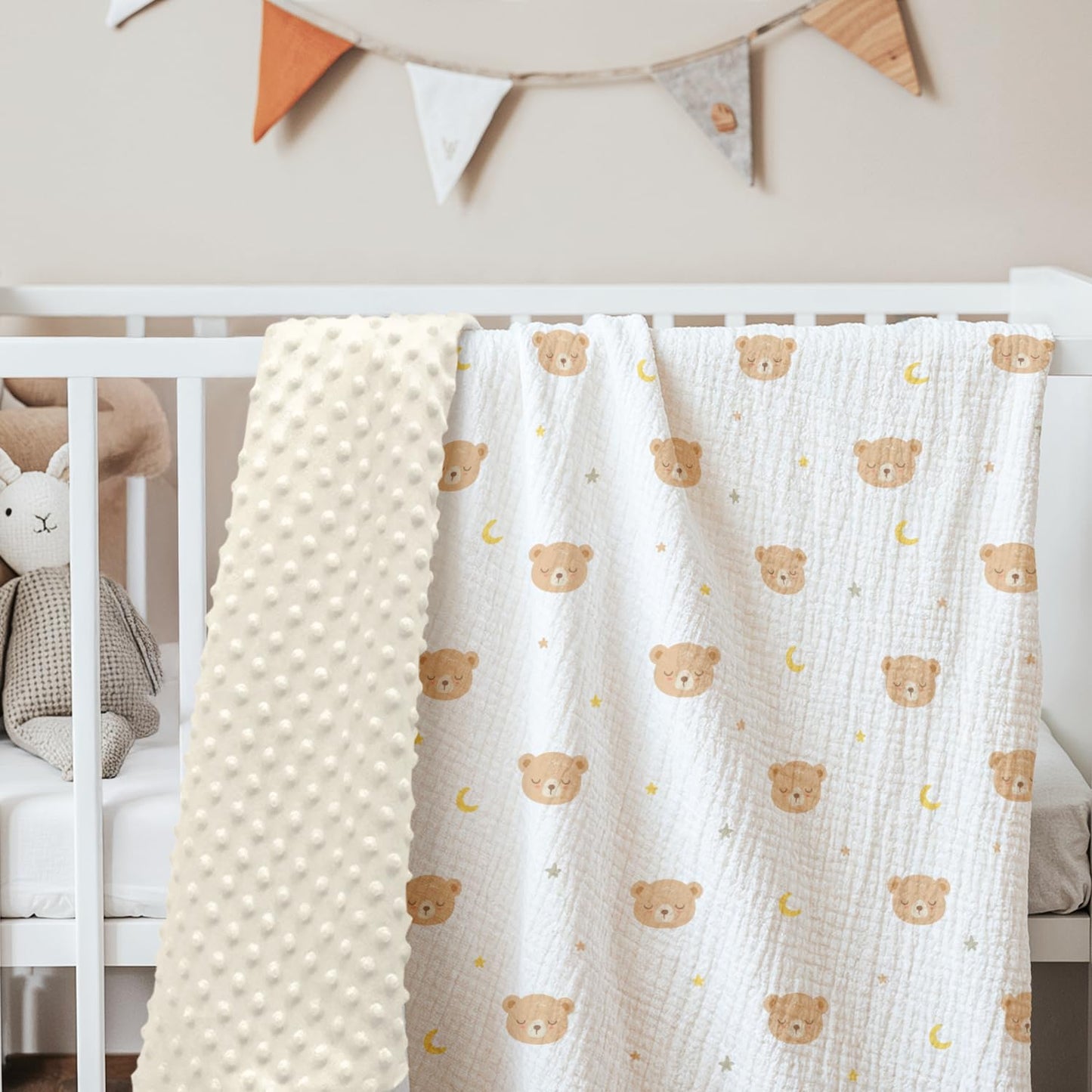 Bear Baby Blankets for Boys Girls, Soft Nursery Minky Blankets with Muslin and Dotted Fleece Back 30x40 inches, Receiving Bed Quilt for Newborn, Infants, Toddlers