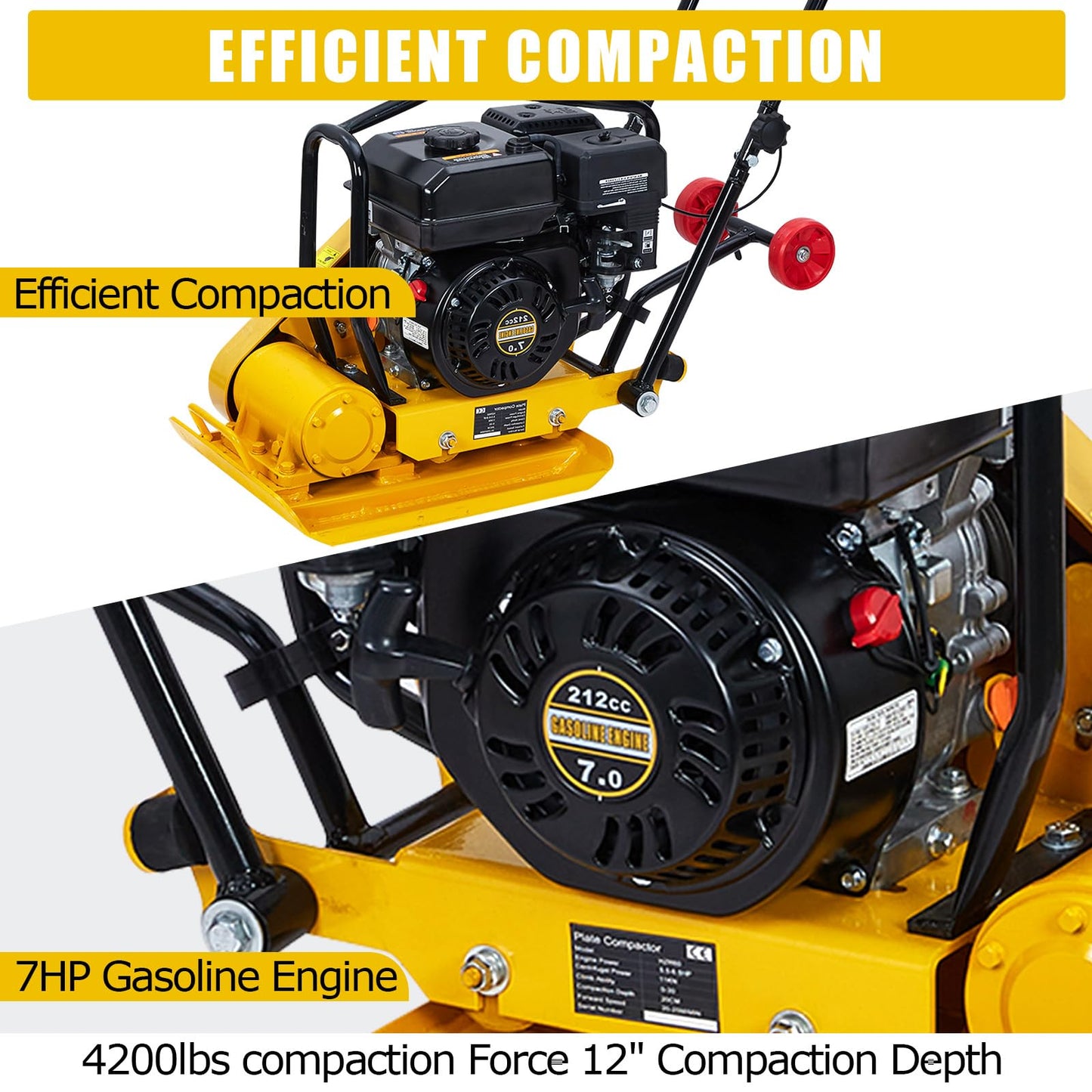 Plate Compactor 7HP with 212cc 5600 VPM Gas Engine, 22.1x15.9 in Plate Power Jumping Jack Tamper, 4200 lbs Vibratory Compaction Tamper, Soil Compactor Machine for Pavers, Walkways, Asphalts