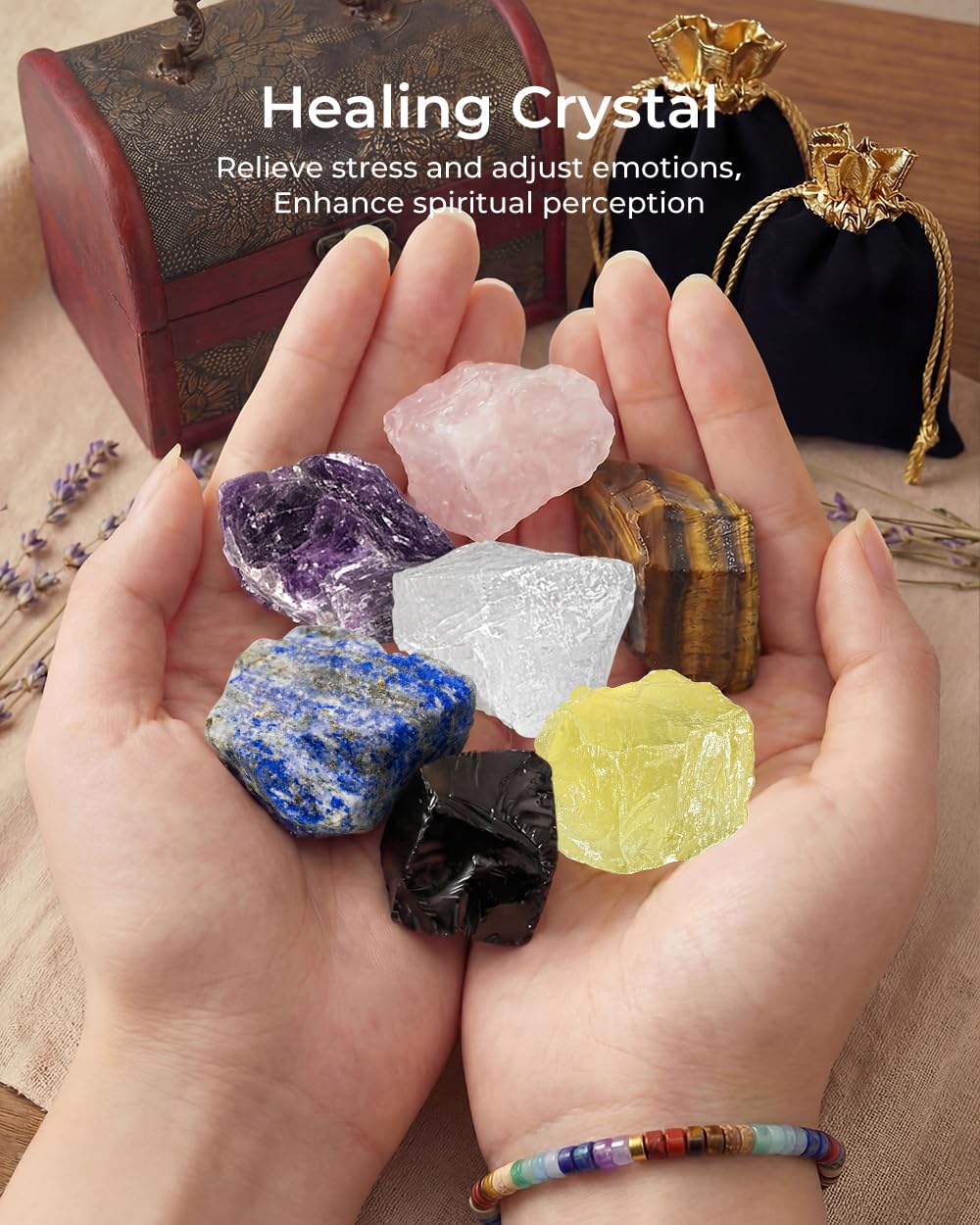 Crystals and Healing Stones Set - Chakra Crystals Gift for Women, Thumb Worry Stones, Rose Pyramid - Flower of Life, Chakra Bracelets, 7 Chakra Stones, Relief Anxiety Stress Birthday Gifts for Women