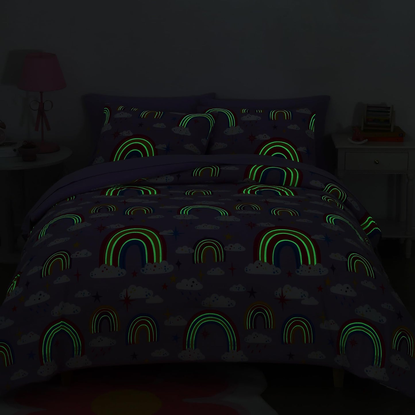 Wink Deer Full Size Comforter Set for Girls-7 Pieces Purple Rainbow Glow in the Dark Full Bedding Sets for Kids, Ultra Soft Bed in A Bag with Sheets