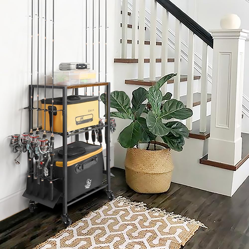 Olakee Fishing Rod Holder Cart for Garage & Home โ Rolling Fishing Pole Organizer with Wheels, Holds 8 Rods, Tackle Storage Rack for Entryway, Corner, Gift for Men & Dad Anglers