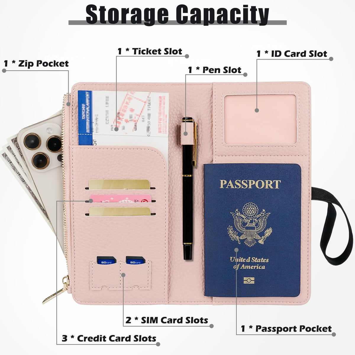 Dannir Travel Passport Wallet, RFID Blocking Passport Holder with Zipper, Passport Cover for Women Men, PU Leather Travel Document Organizer with Card Slots, Gift for Family Friends, Pink
