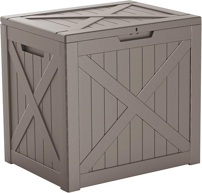 ROJIK 32 Gallon Outdoor Storage Housing Deck Box,Waterproof Patio Furniture, Garden Tools, Cushions, Pool Accessories Storage Bench with Lockable Lid and Side Handles(Grey)