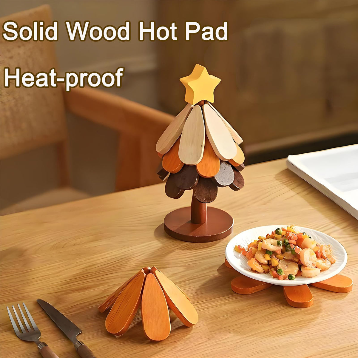 Table Decor Coaster, Tree Trivet Wooden Tree Coasters Christmas Tree Coasters Set of 5,Foldable Kitchen and Restaurant Wooden,for Hot Dishes、Pot、Bowl、Teapot、Hot Pot Holder (Star)
