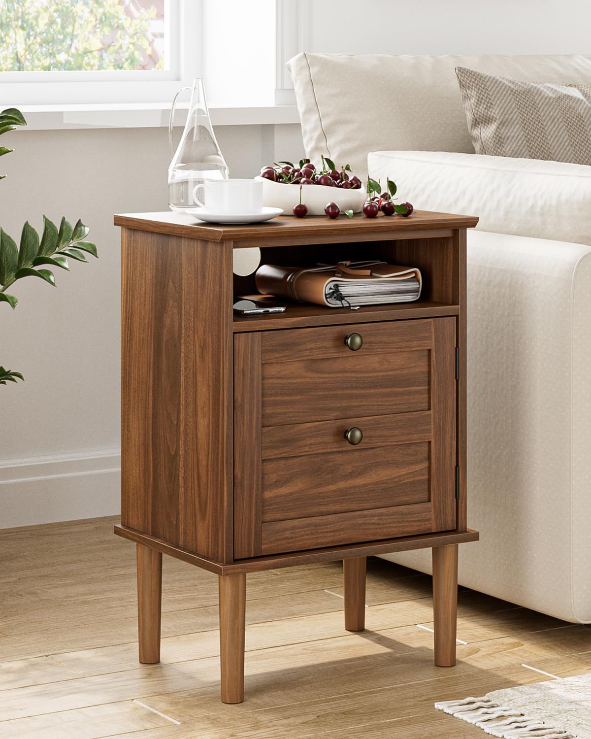 Apetaccat Nightstand, Boho Night Stand with 1 Drawer, Modern Side Accent Table with Open Shelf, Wooden Top Bedside End Table for Bedroom, Living Room, Walnut