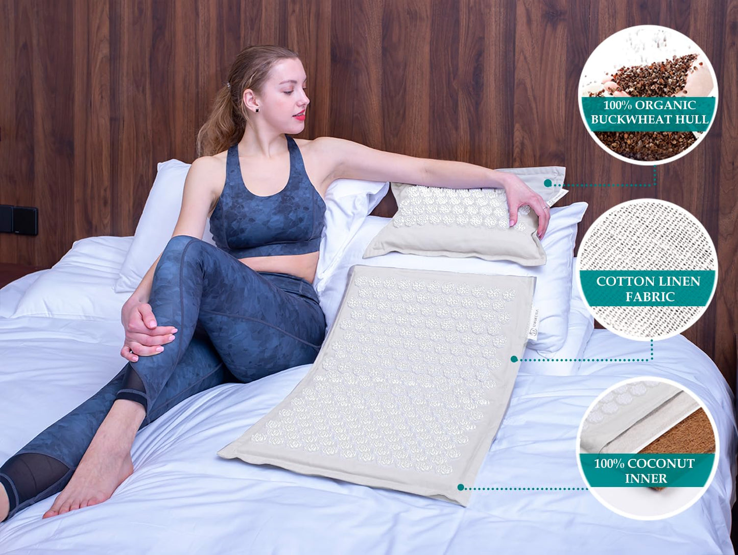 UNMERA Acupressure Mat and Pillow Set,Natural Eco Linen & Coconut Fiber Filling,FSA/HSA Eligible,for Back/Neck Pain Relief, Sciatic, Headache and Muscle Relaxation, Comes with Carrying Bag